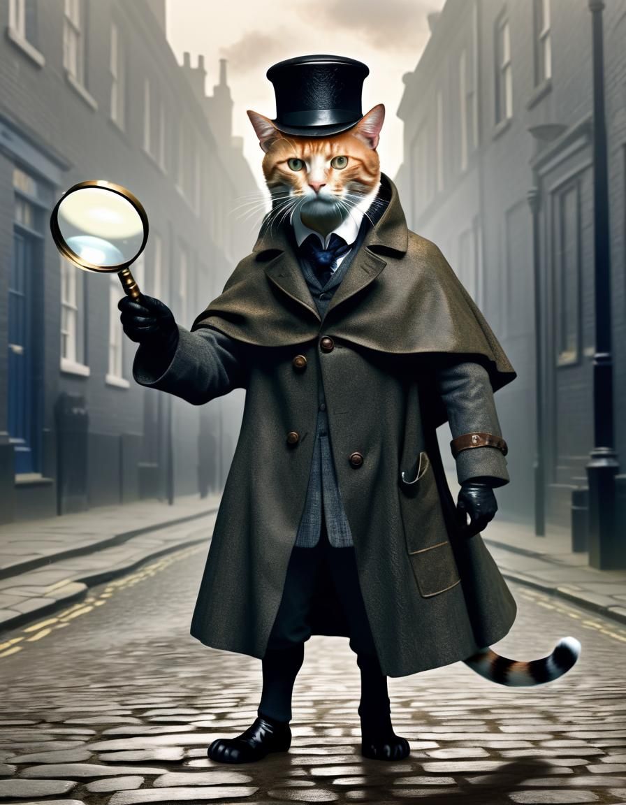 sherlock holmes as a ginger cat looking for his deerstalker hat