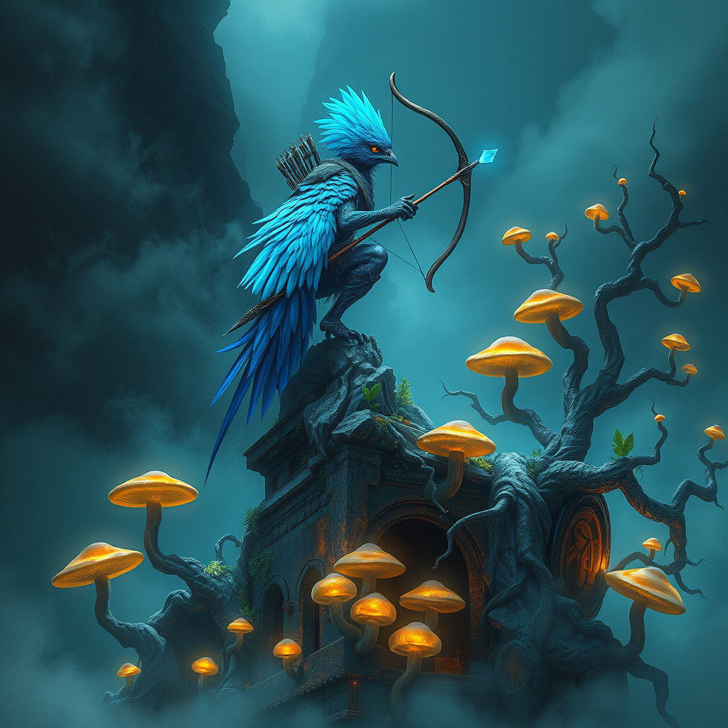 Blue-Feathered Aarakocra Ranger on Ancient Ruins