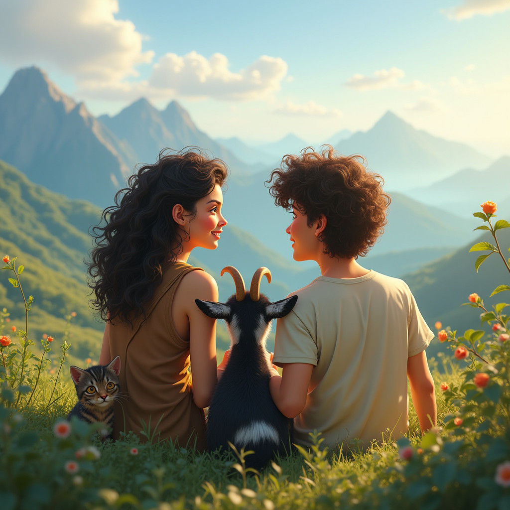 Scenic Horizon with Woman, Man and Animals