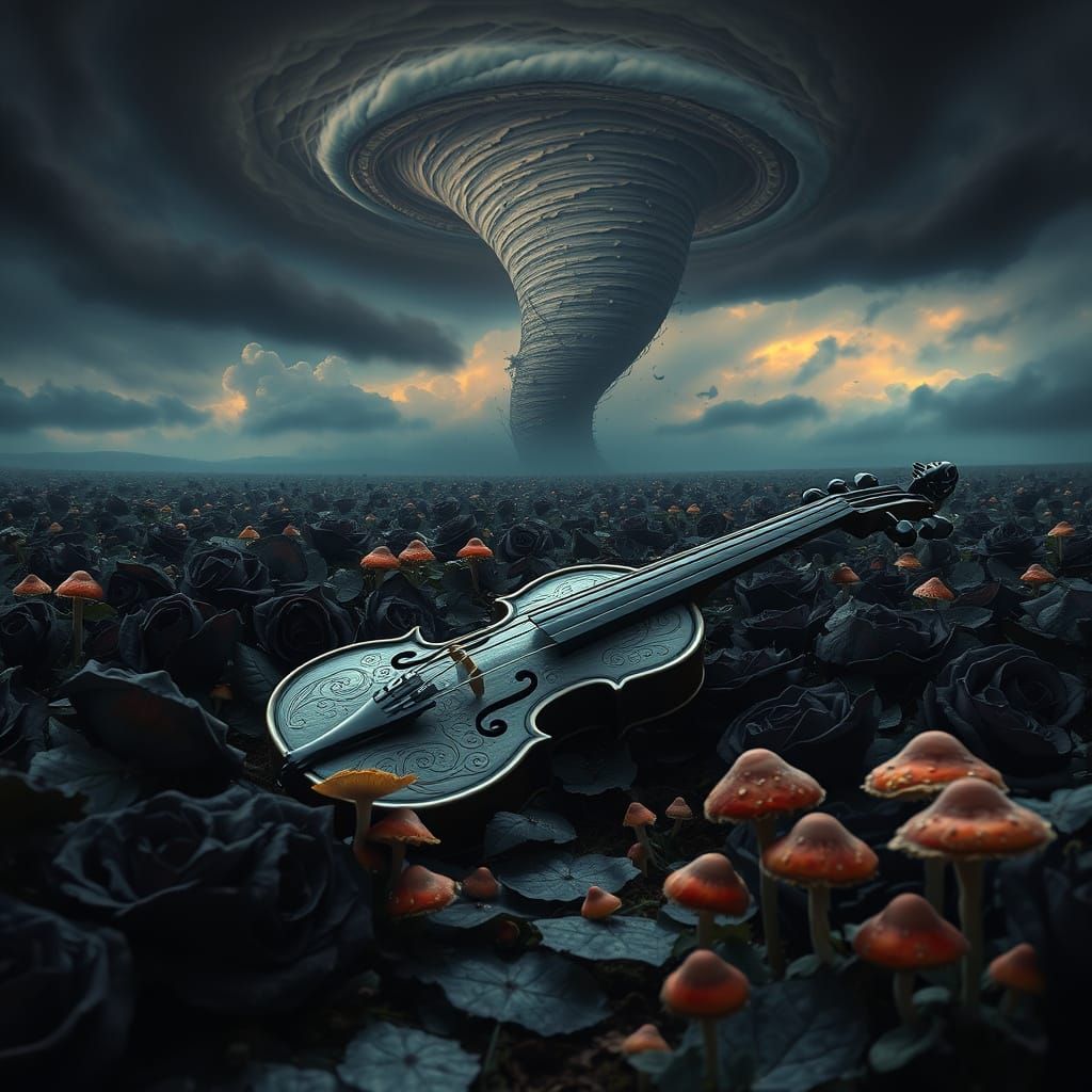 Surreal Landscape with Violin, Black Roses, and Glowing Mush...