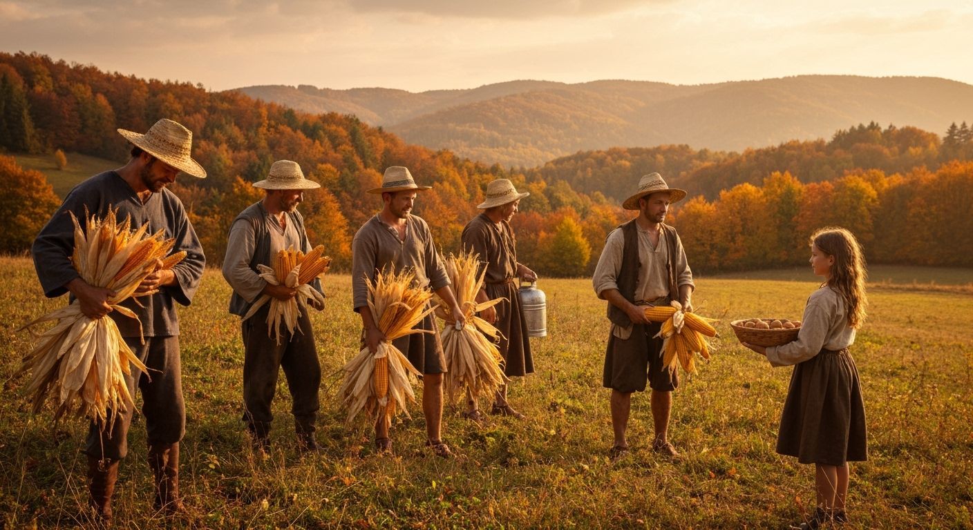 Neolithic Farmers Harvest Golden Corn in Autumn