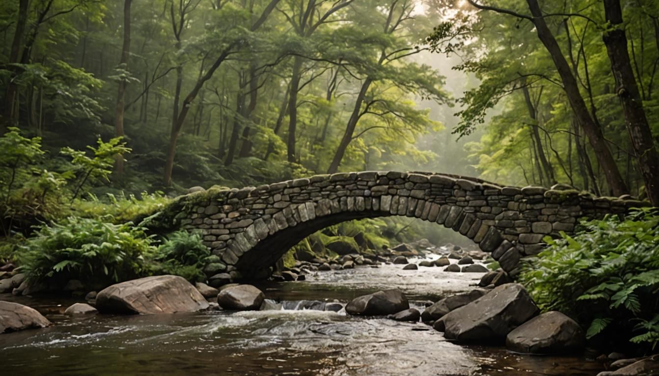 Stone Bridge Over Roaring River in Forest