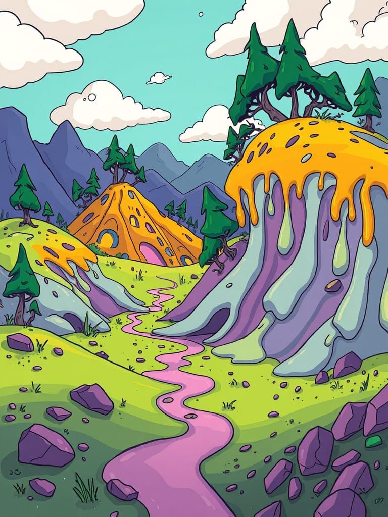 Surreal Cartoon Landscape with Melting Hills and Trees