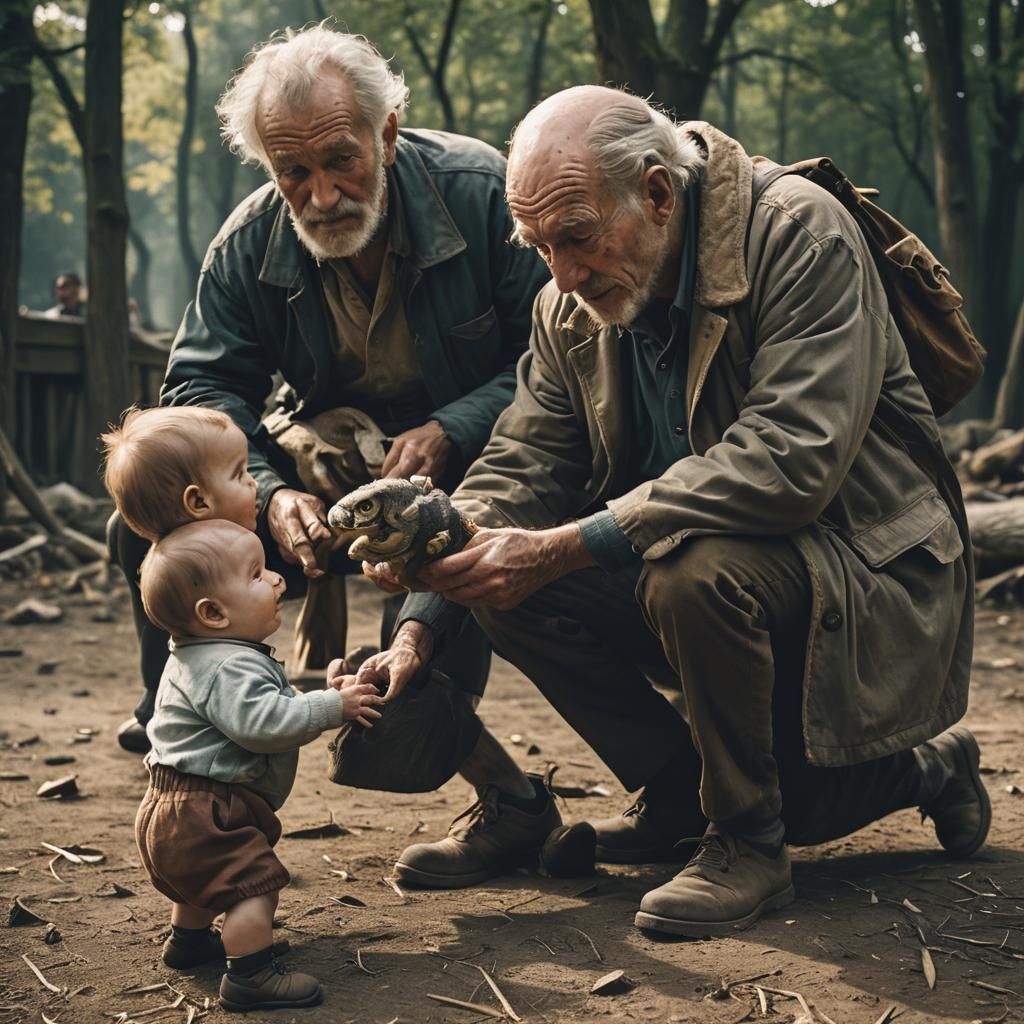 Cinematic Film Still of Old Man and Baby