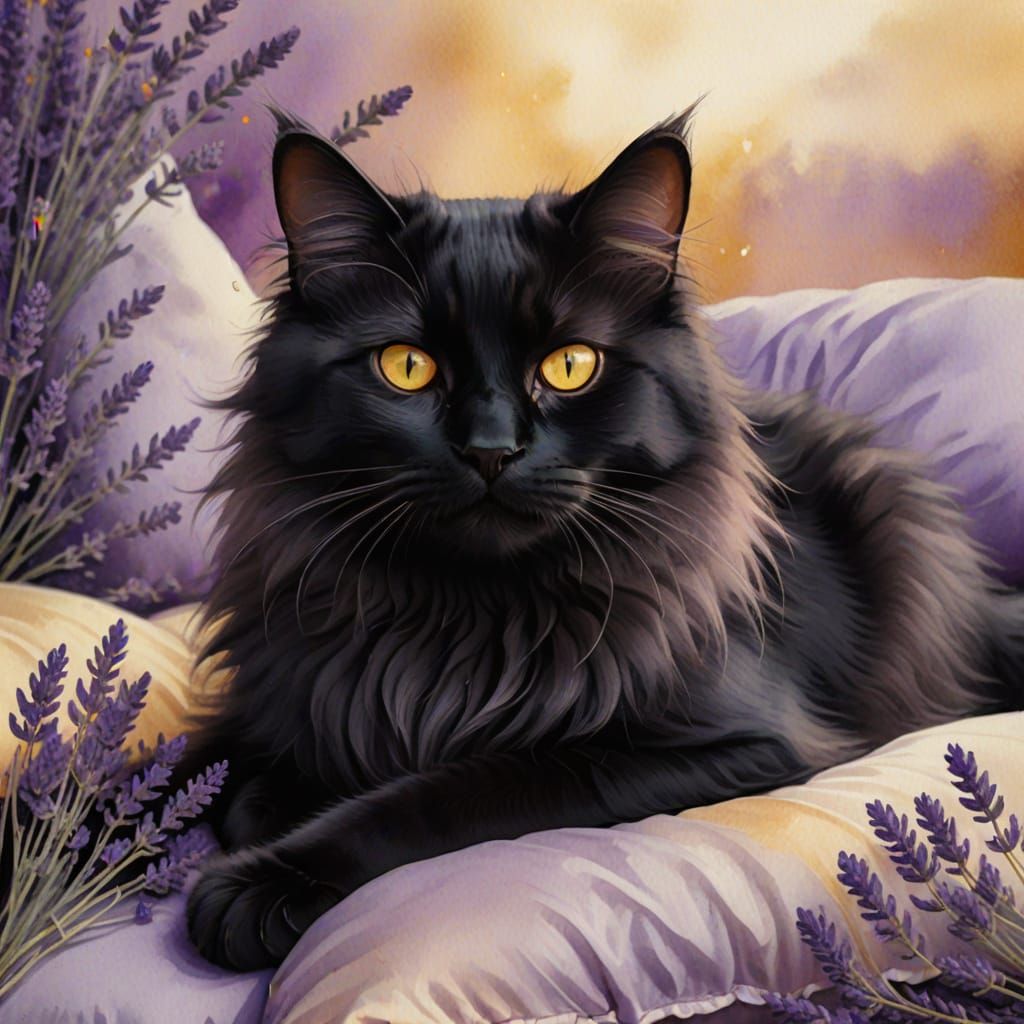 Cozy Black Cat on Lavender Pillow in Watercolor Style