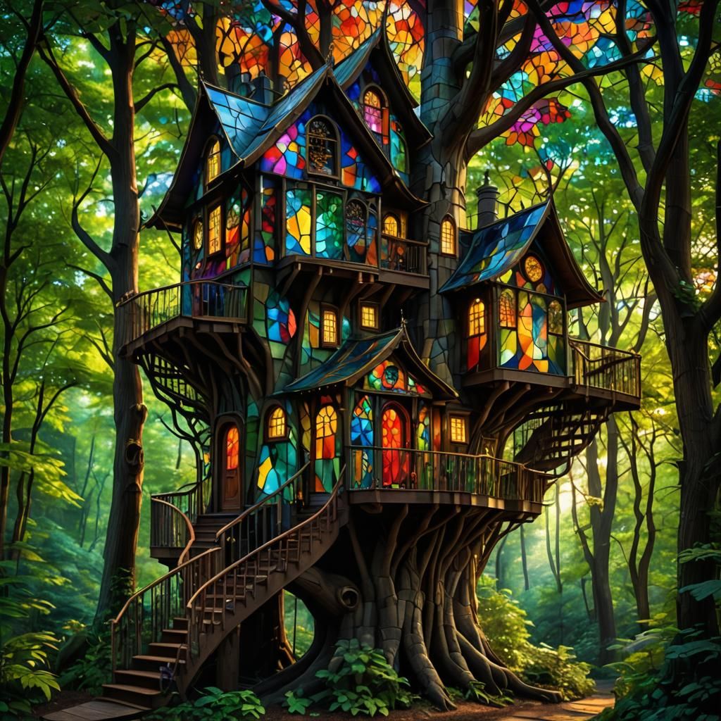 Stained Glass Treehouse Fantasy: Incandescent Forest Home