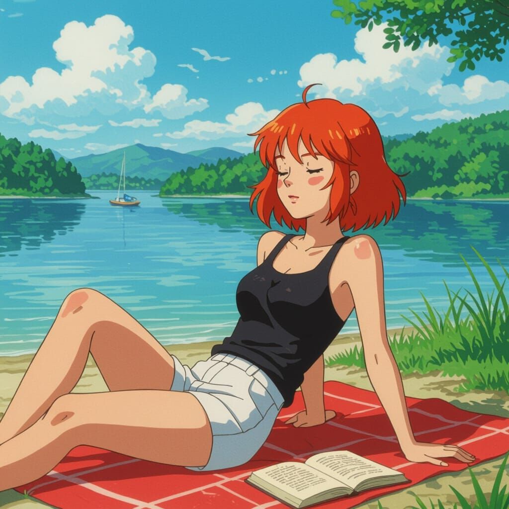 Young Woman Relaxing Lakeside in Miyazaki Anime Style