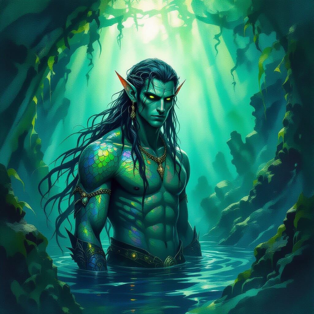 Lovecraftian Sea-Elf in Ethereal Kelp Forest