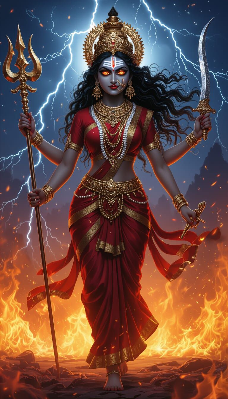 Divine Portrait of Maa Kaalratri in Fiery Aura
