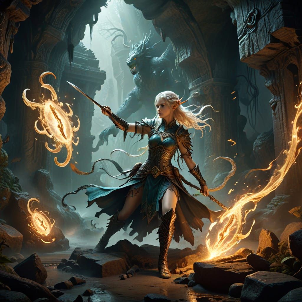 Elegant Fantasy Duel in Ancient Caverns