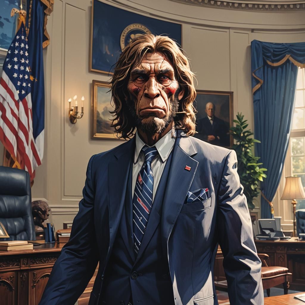 Neanderthal in Oval Office: Anime Style Illustration