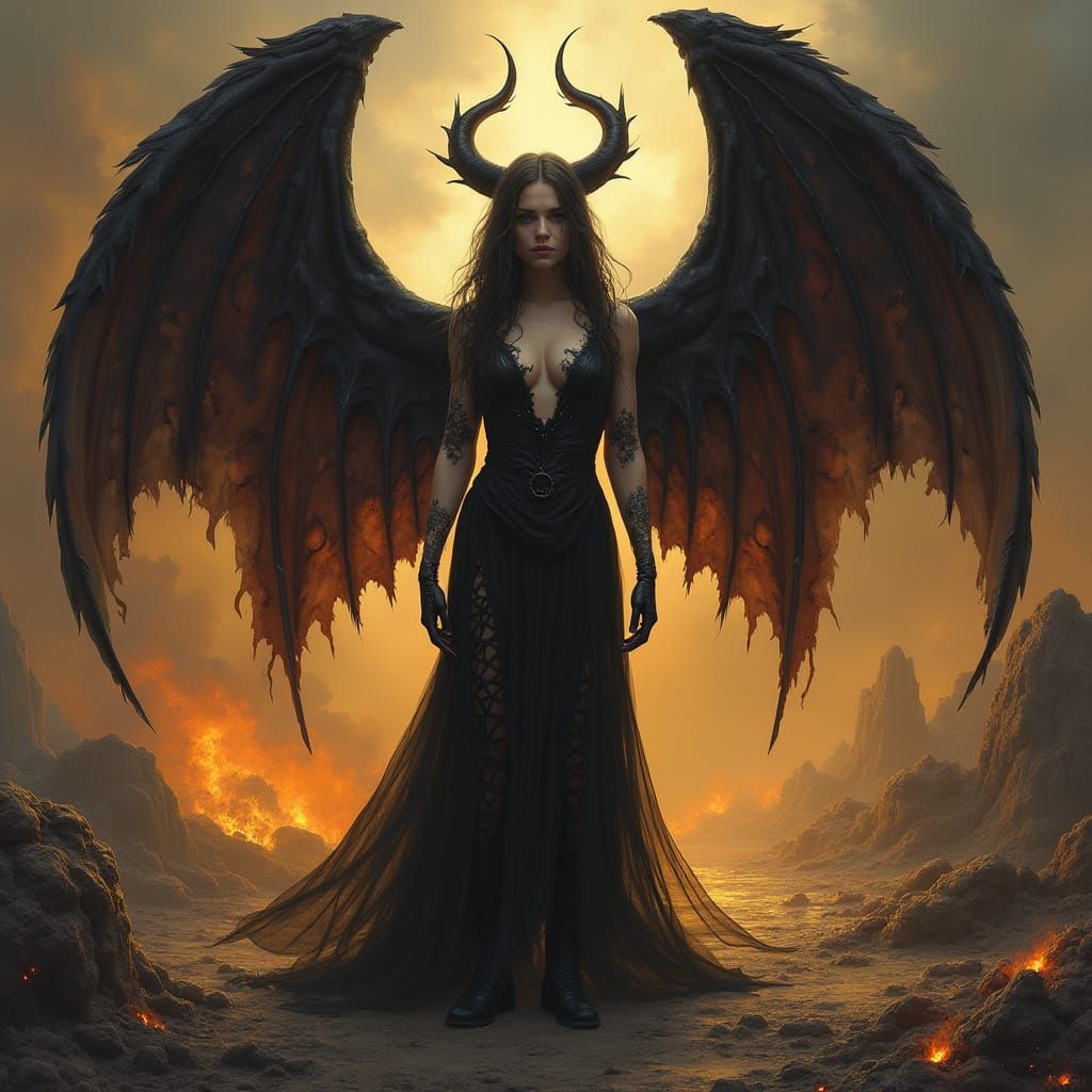 Lilith in Hellish Landscape with Dark Wings