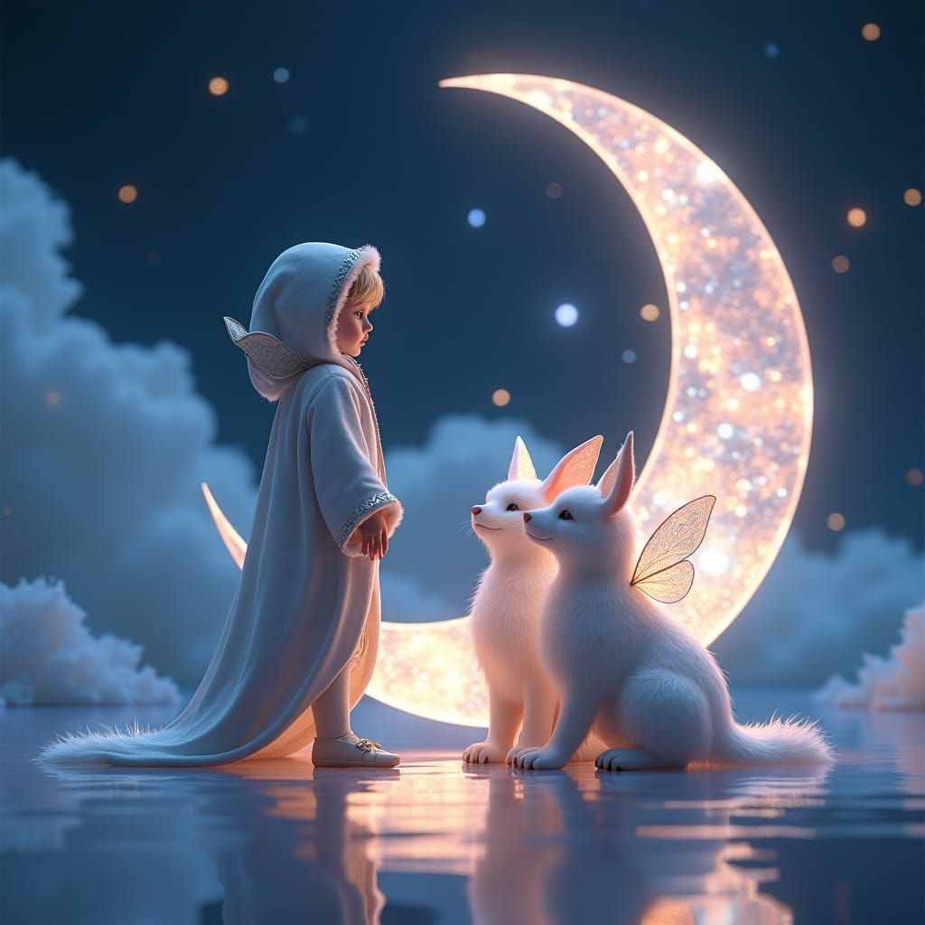 Lunar Child with Winged Rabbits in Dreamscape