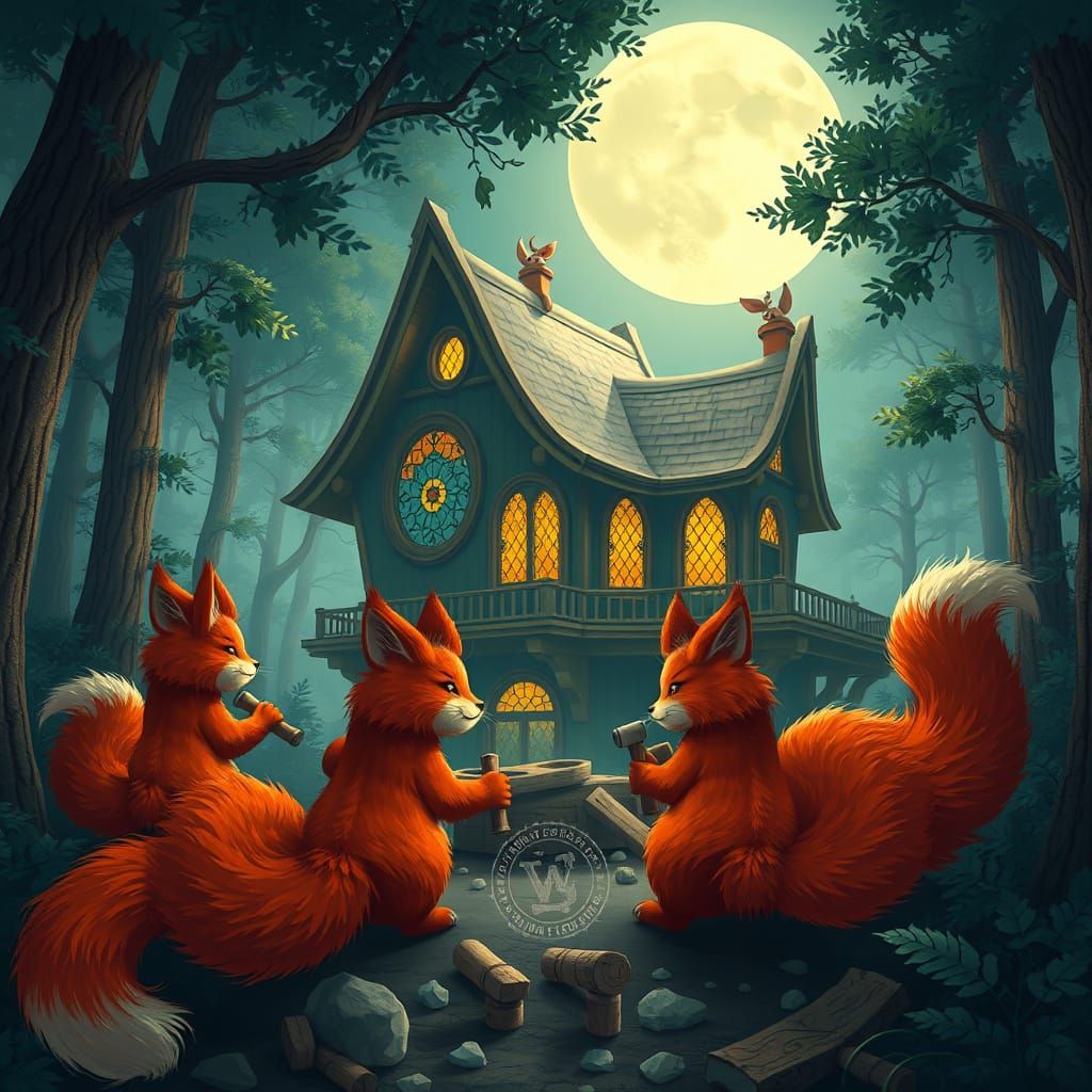 Whimsical Kitsunes Build Soup Kitchen in Moonlit Forest