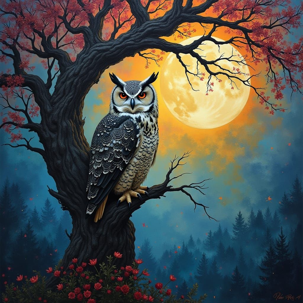 Moonlit Owl in Vibrant Colors, Inspired by Modern Art
