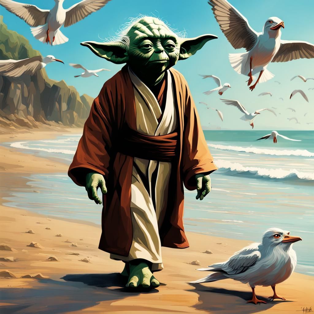 Yoda's Unpleasant Beach Walk Interrupted by Seagulls