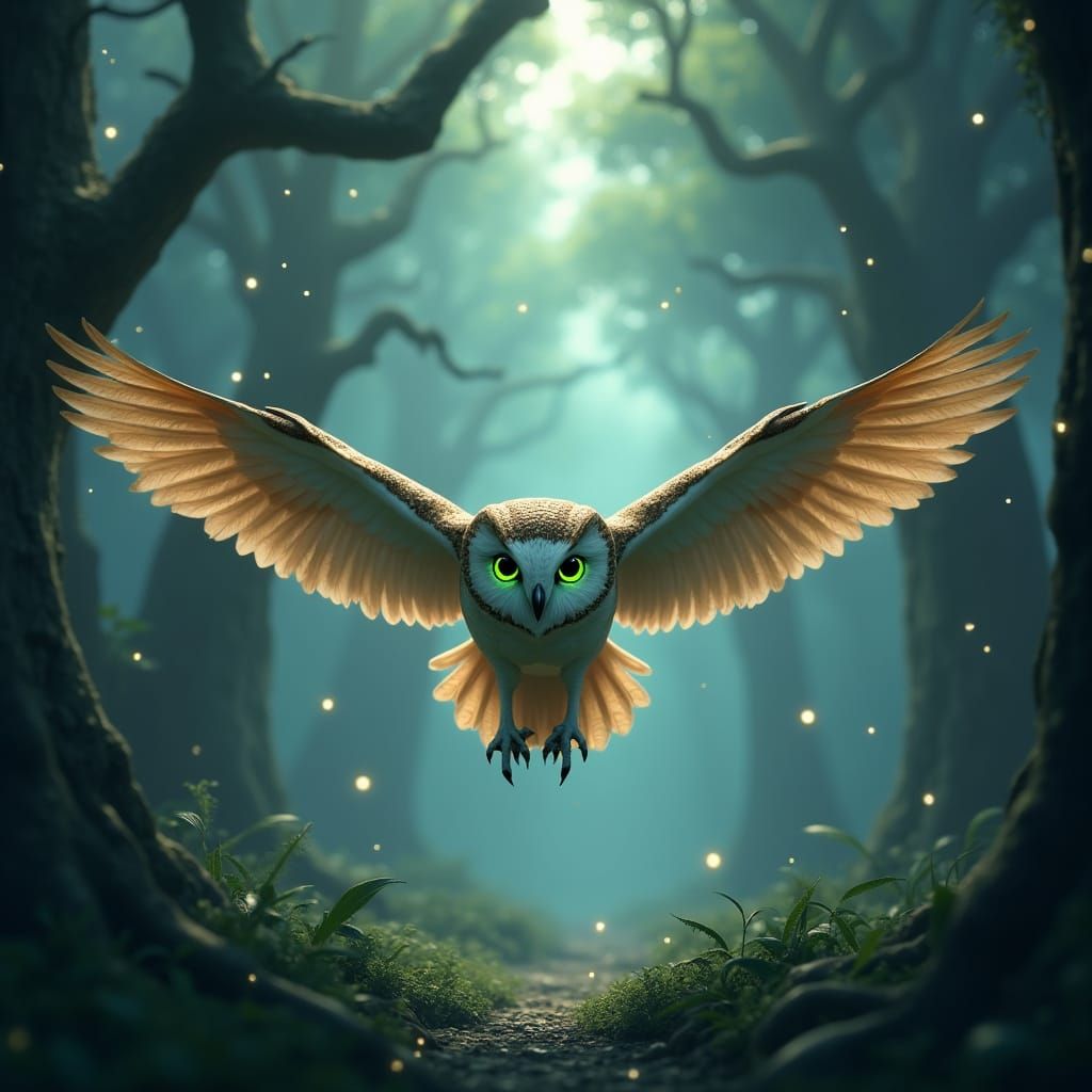 Realistic Owl in Flight, Close-Up with Sparkling Green Eyes