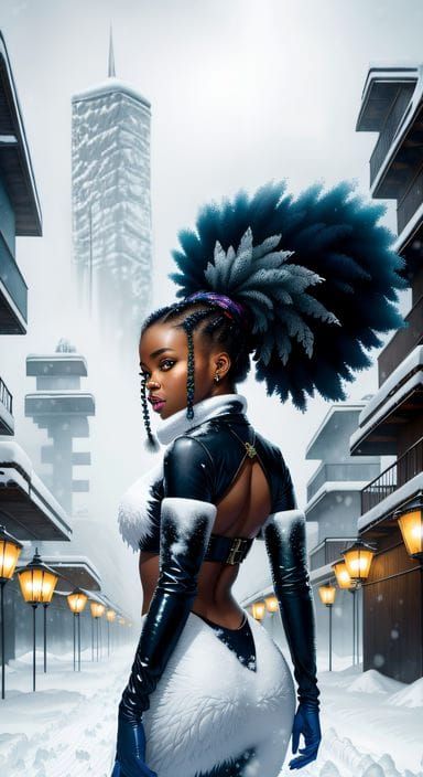 Model in a snow covered city