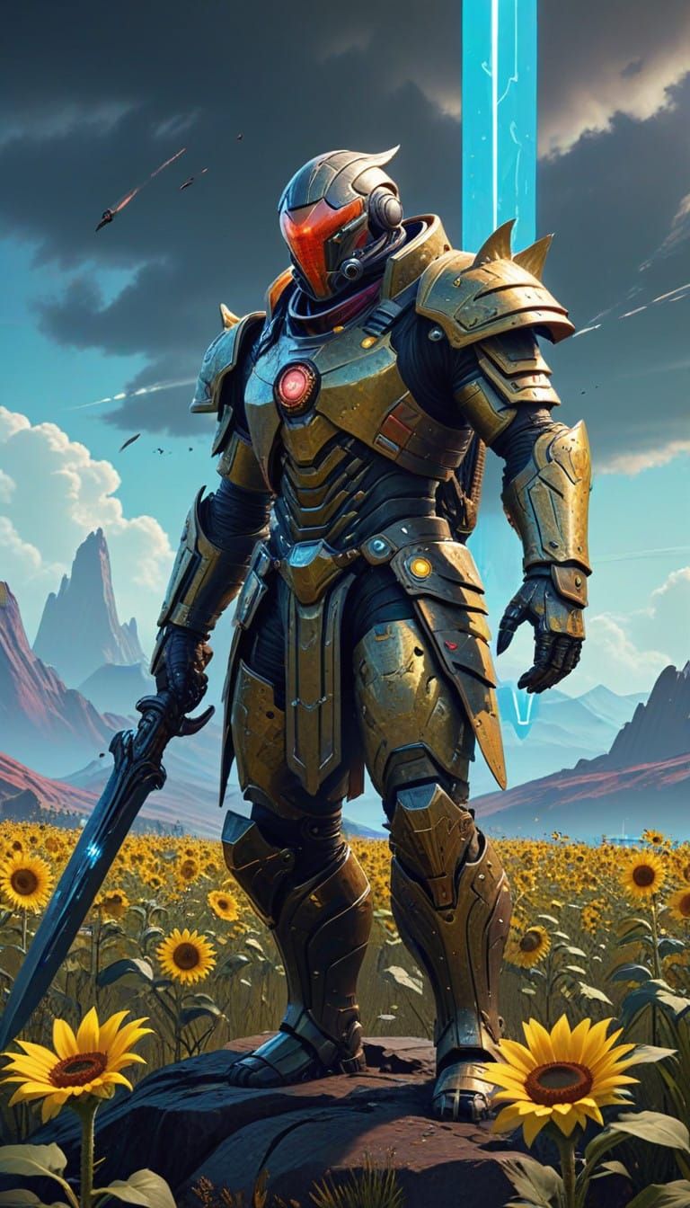 Battle-Scarred Space Warrior Stands Vigilant Amidst Sunflowe...