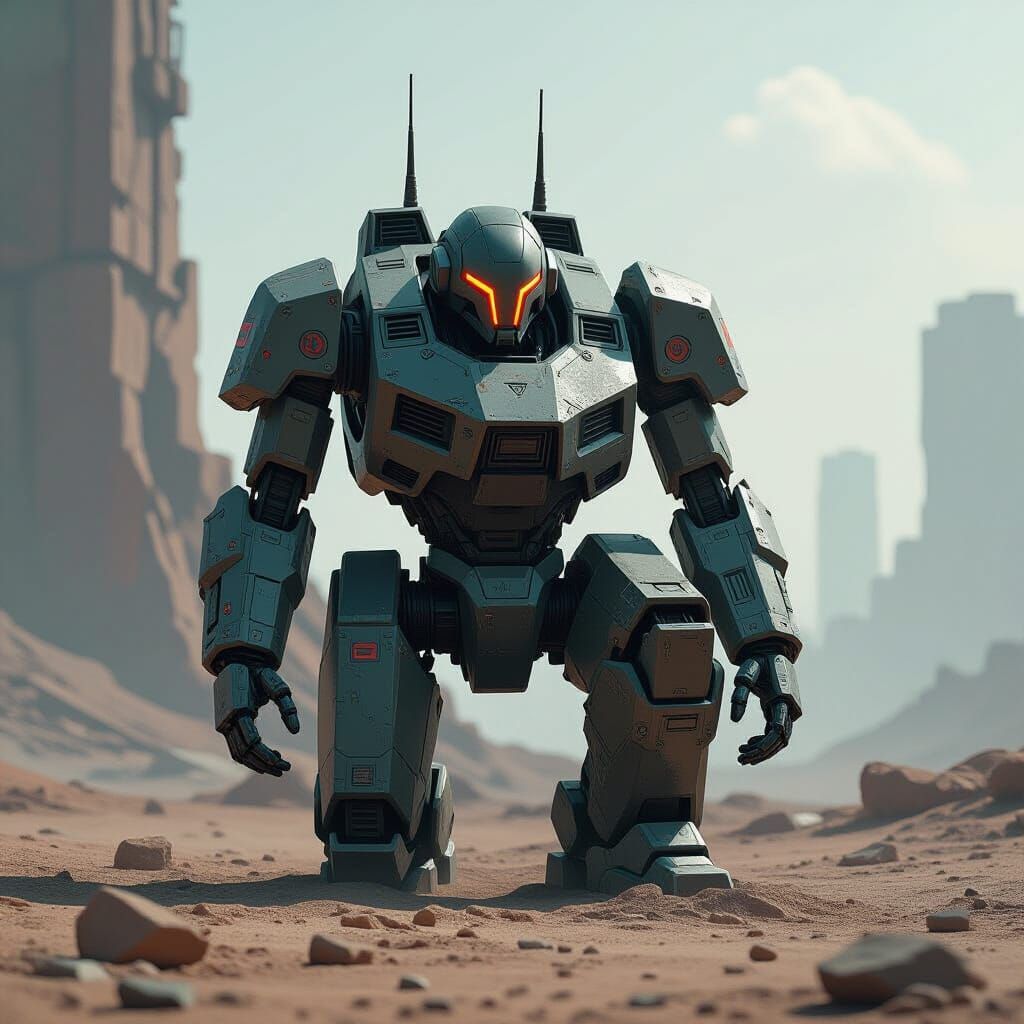 Kneeling Mech in War-Torn Landscape: Concept Art