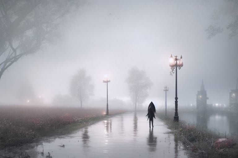 Romantic Rainy Walk, Detailed Photorealistic Rendering