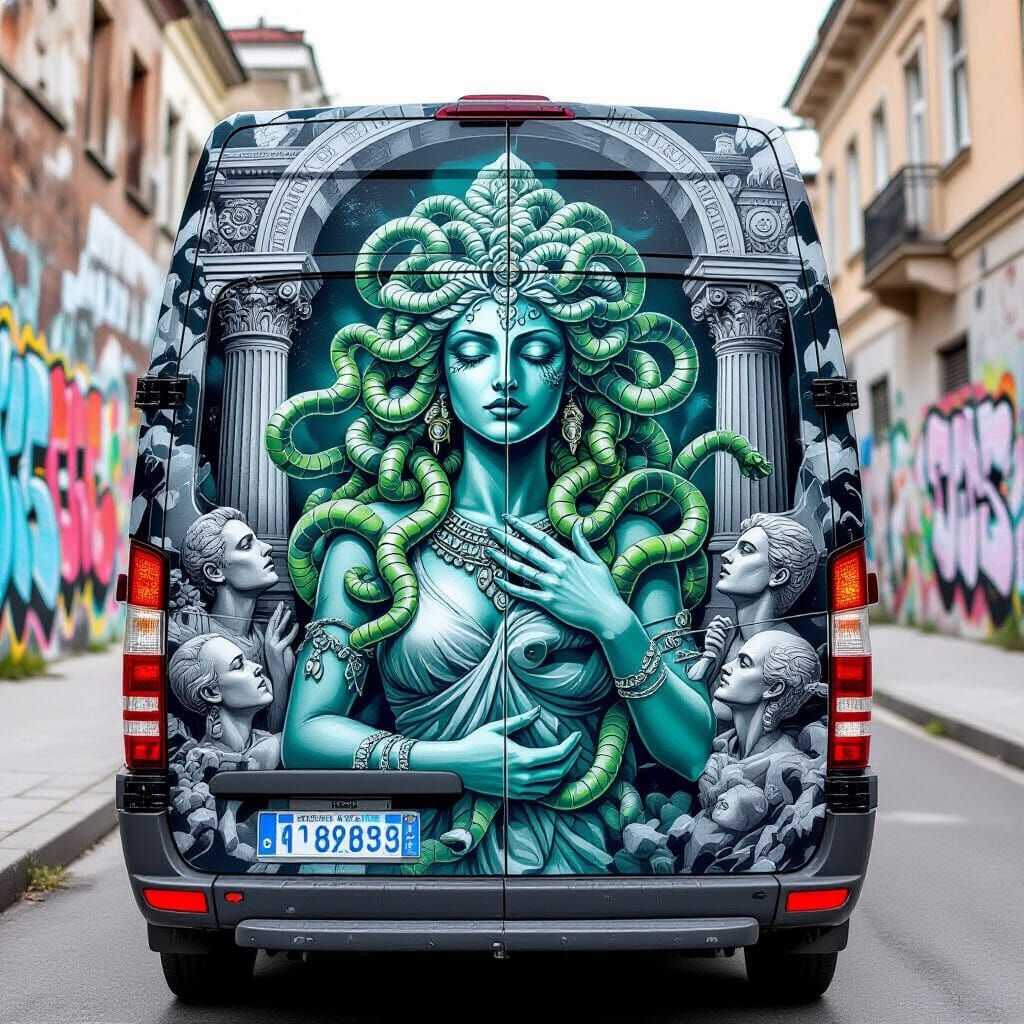 Medusa Temple Van Mural in Surreal Airbrush Style