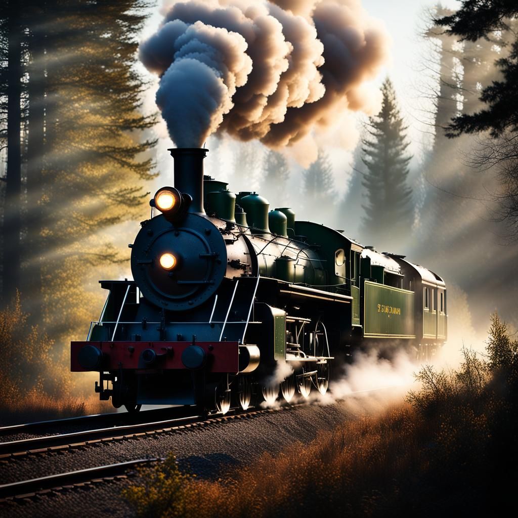 Steam locomotive speeding through a misty forest, steam bill...