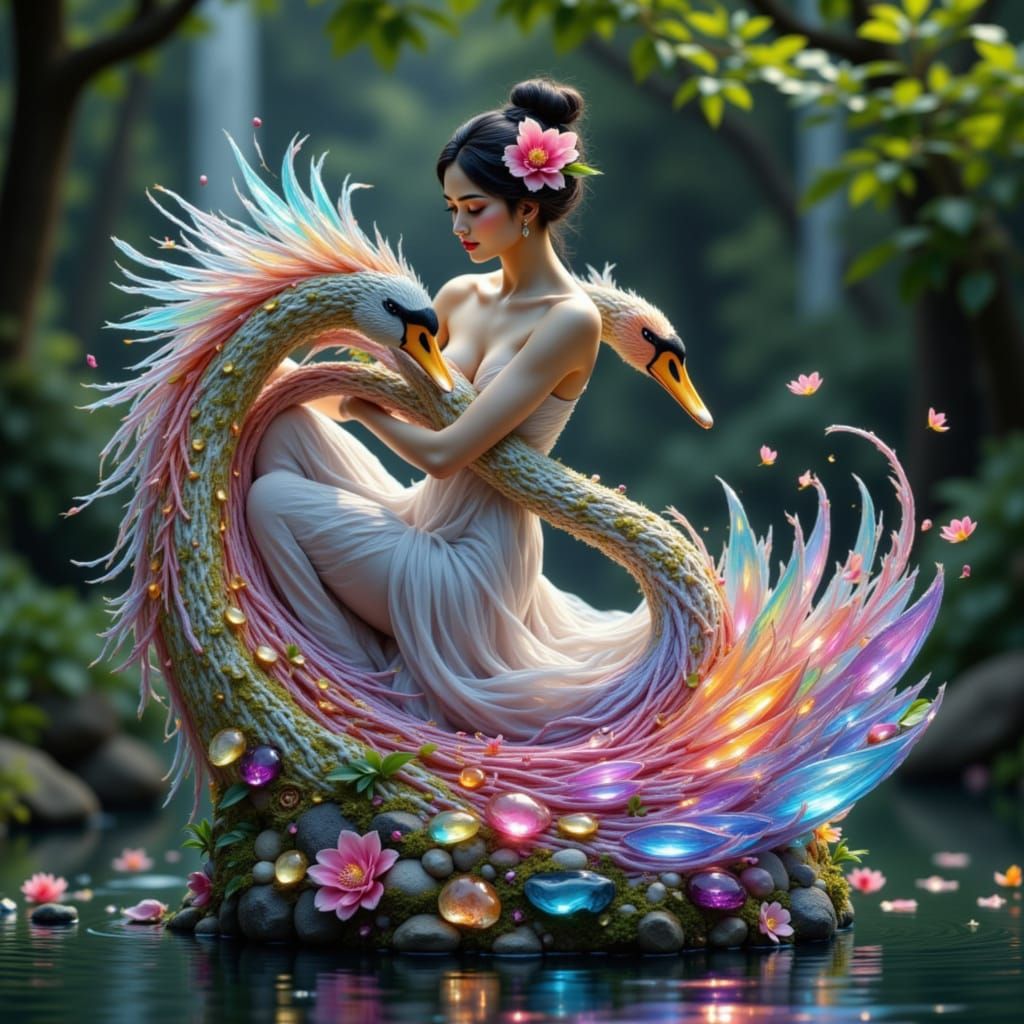 Asian Maiden and Swan Crafted from Gems and Stone