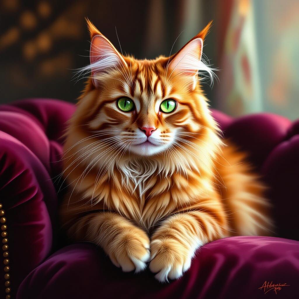 Regal Ginger Cat on Velvet Cushion