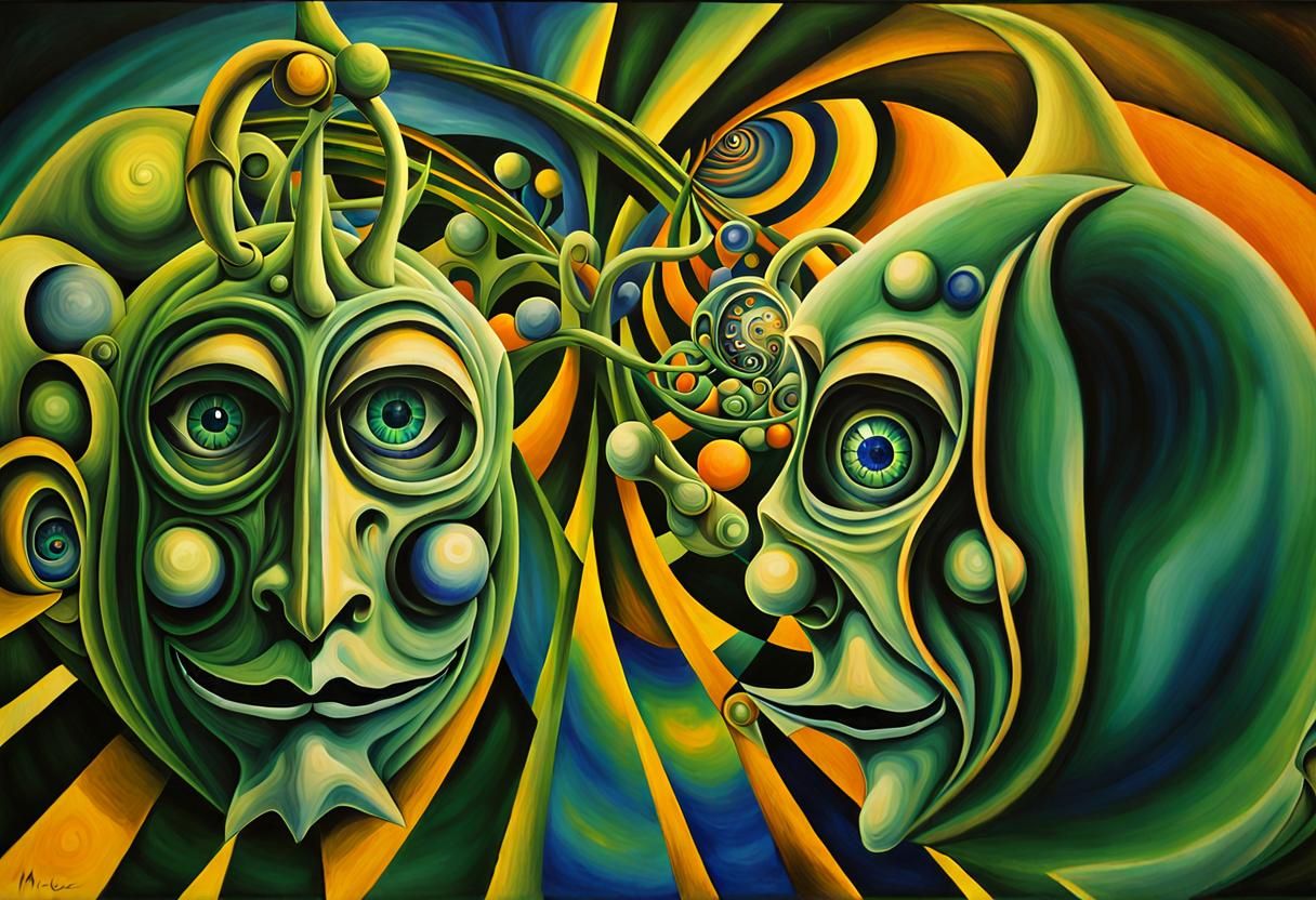 Two yellow jesters with lapiz lazuli crystal clock heads, Mescaline and DMT art, H.R. Giger, M.C. ESCHER, Hyeronimus BOS...