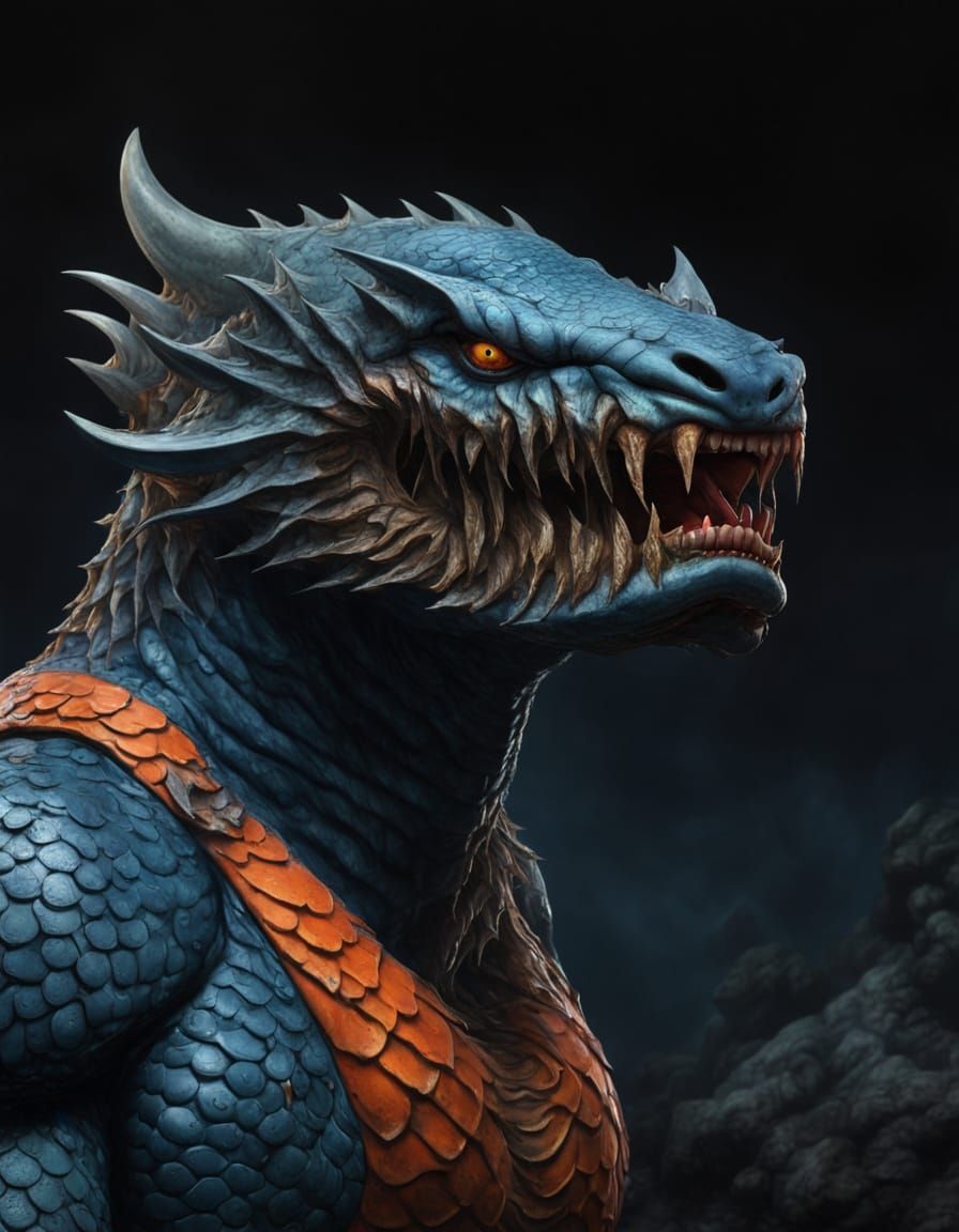 Ultrarealistic Mer-Man with Evil Smile in Orange Armor