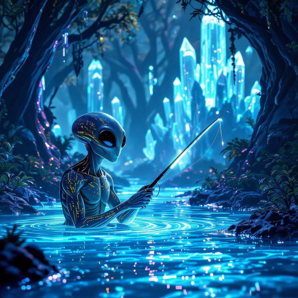 Alien Fishing in Neon Sea Amidst Ethereal Forest