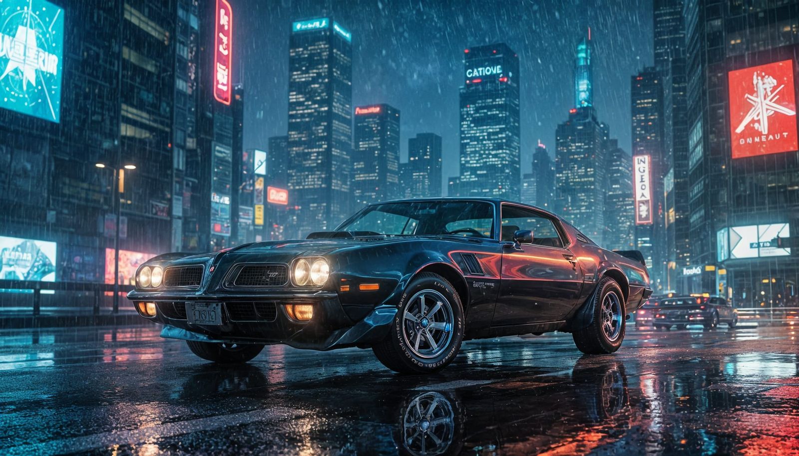Cyberpunk Firebird Trans Am in Futuristic City