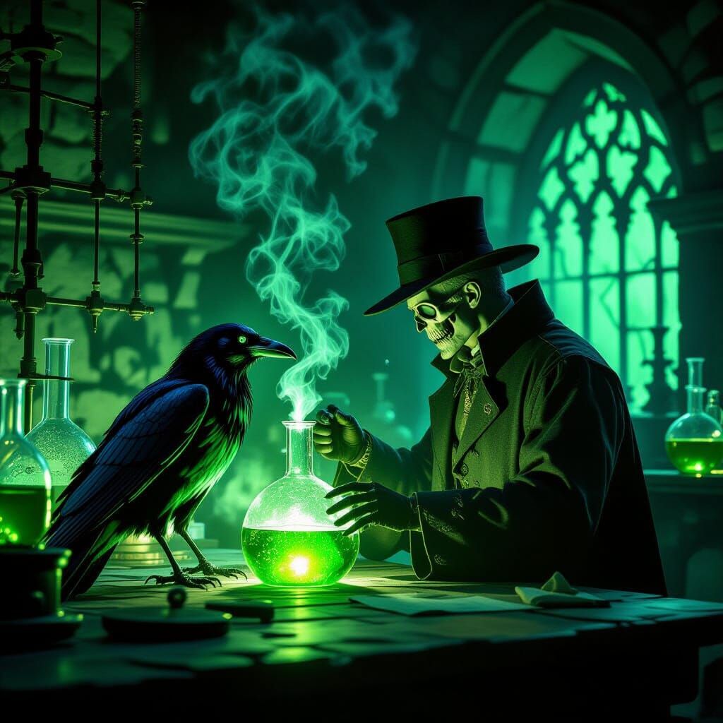 Scientist Reanimates Skeletal Raven in Gothic Lab