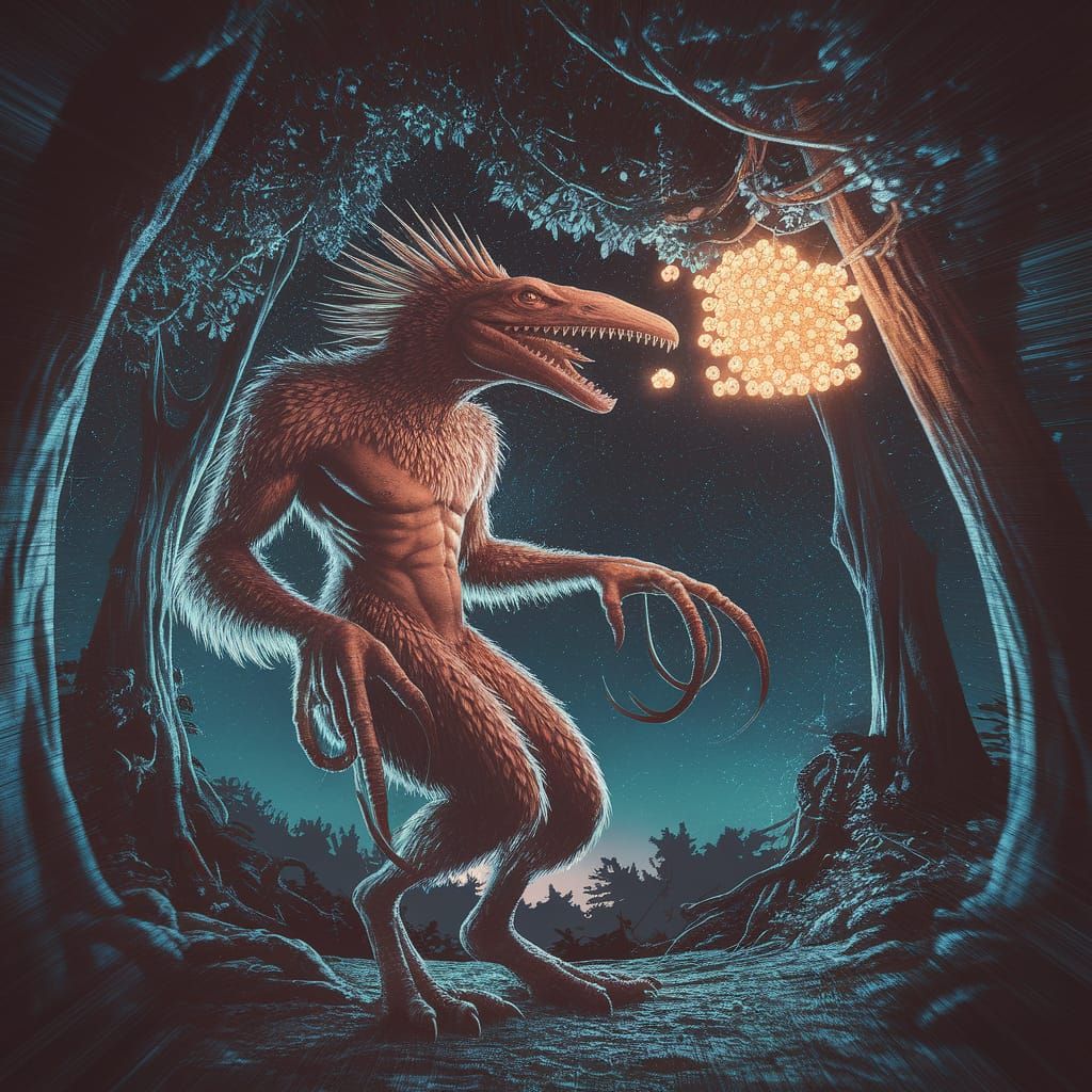 Alien Creature Eats Fireflies in Distorted Forest