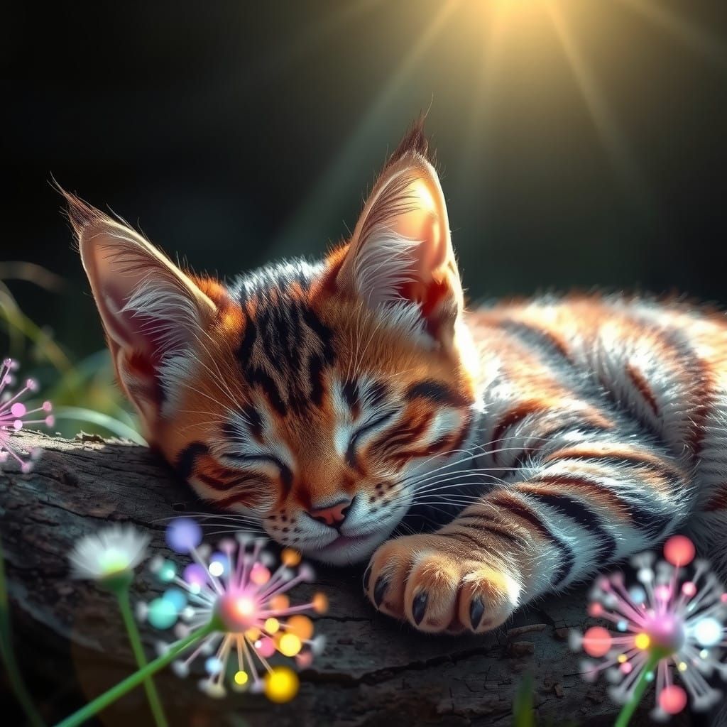 Whimsical Feline Dreams Amidst Rainbow Dandelions