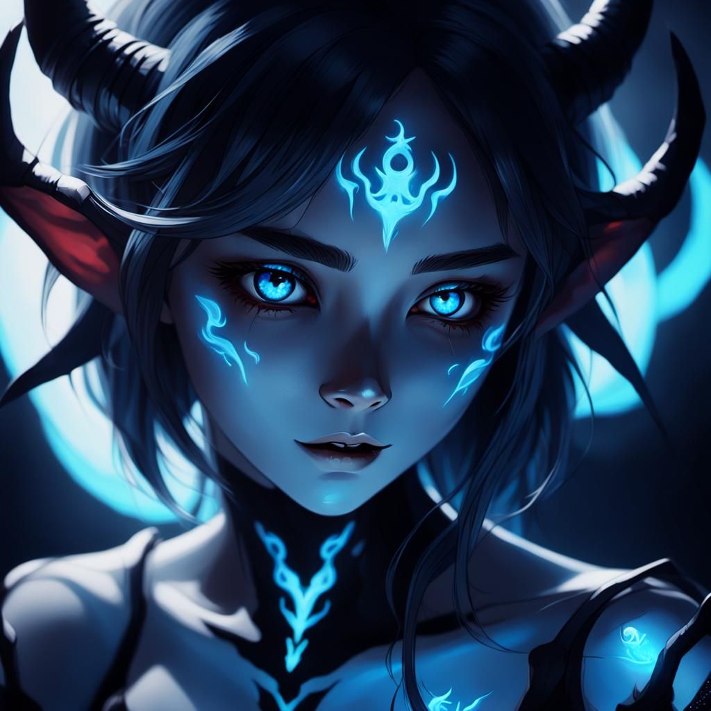 Anime Demon Woman Portrait with Glowing Eyes