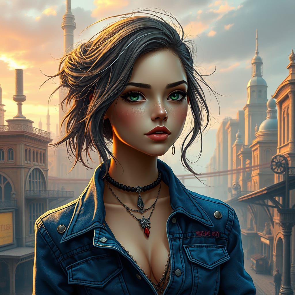 Steampunk City Siren in Monet's Oil-Painted Style