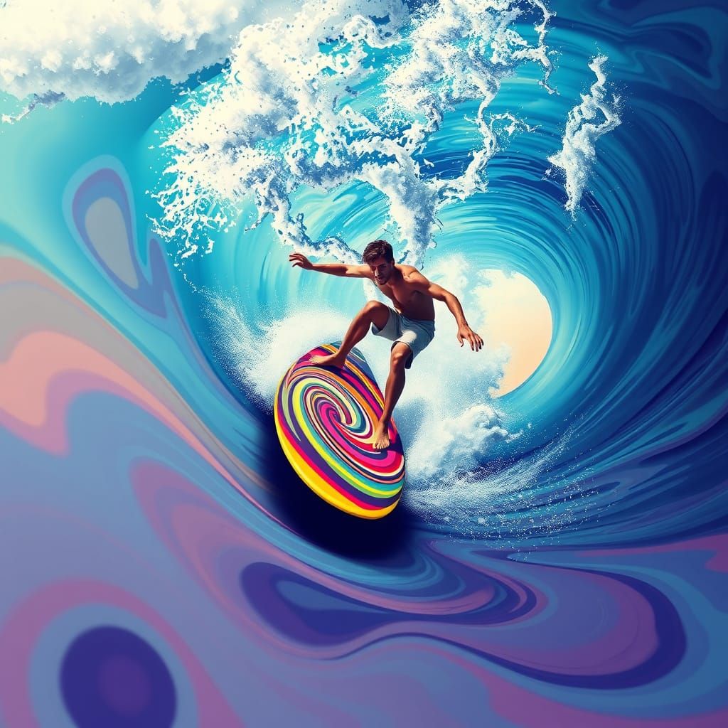 Surreal Surfer Rides Dreamlike Wave