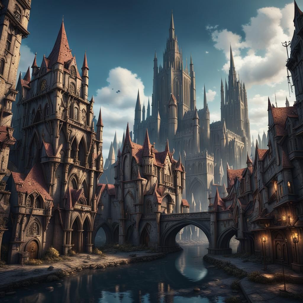 Detailed Gothic City Concept Art in 8k