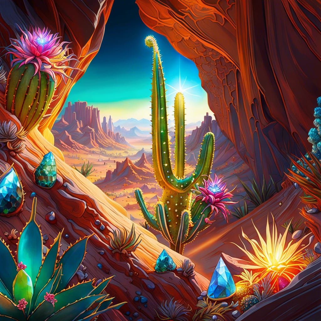 Crystal Desert Scene with Holographic Lizard