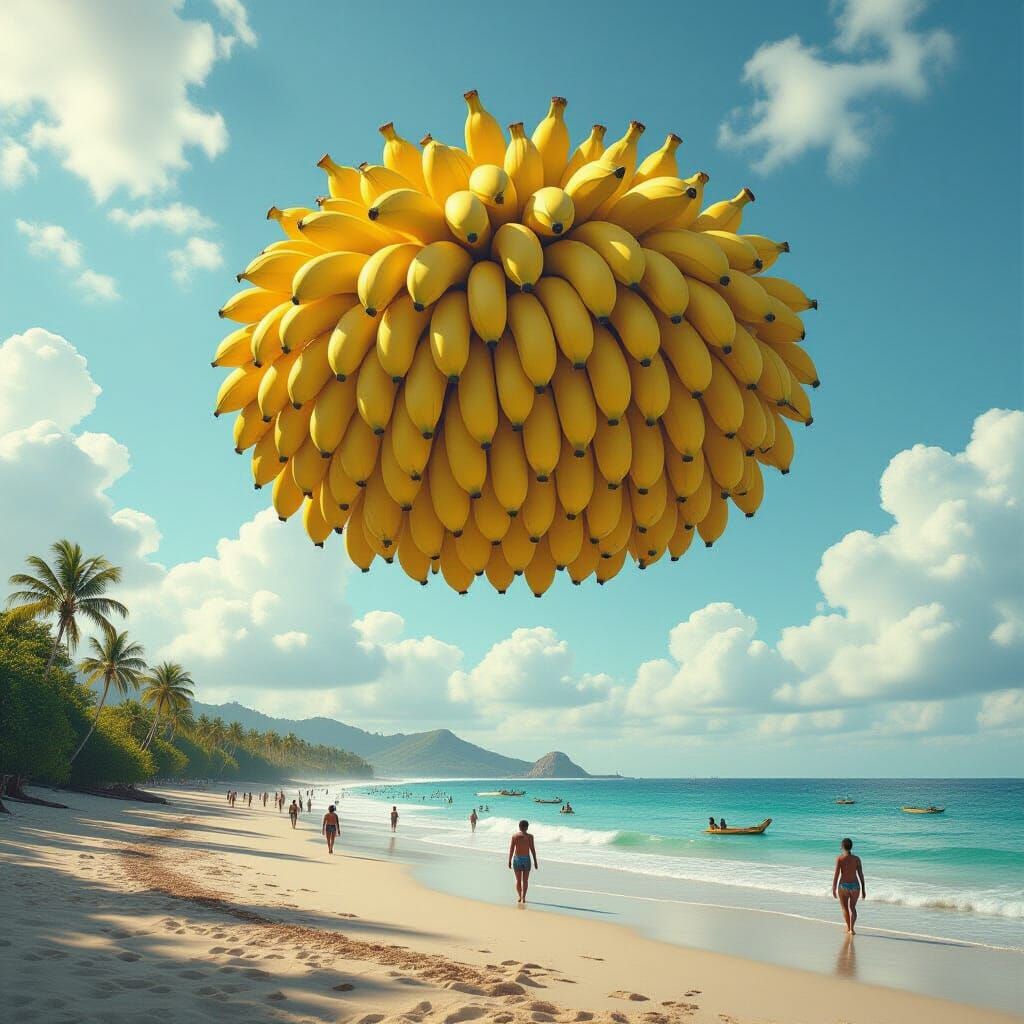 Flying Banana Army Over Beach: Digital Matte Painting