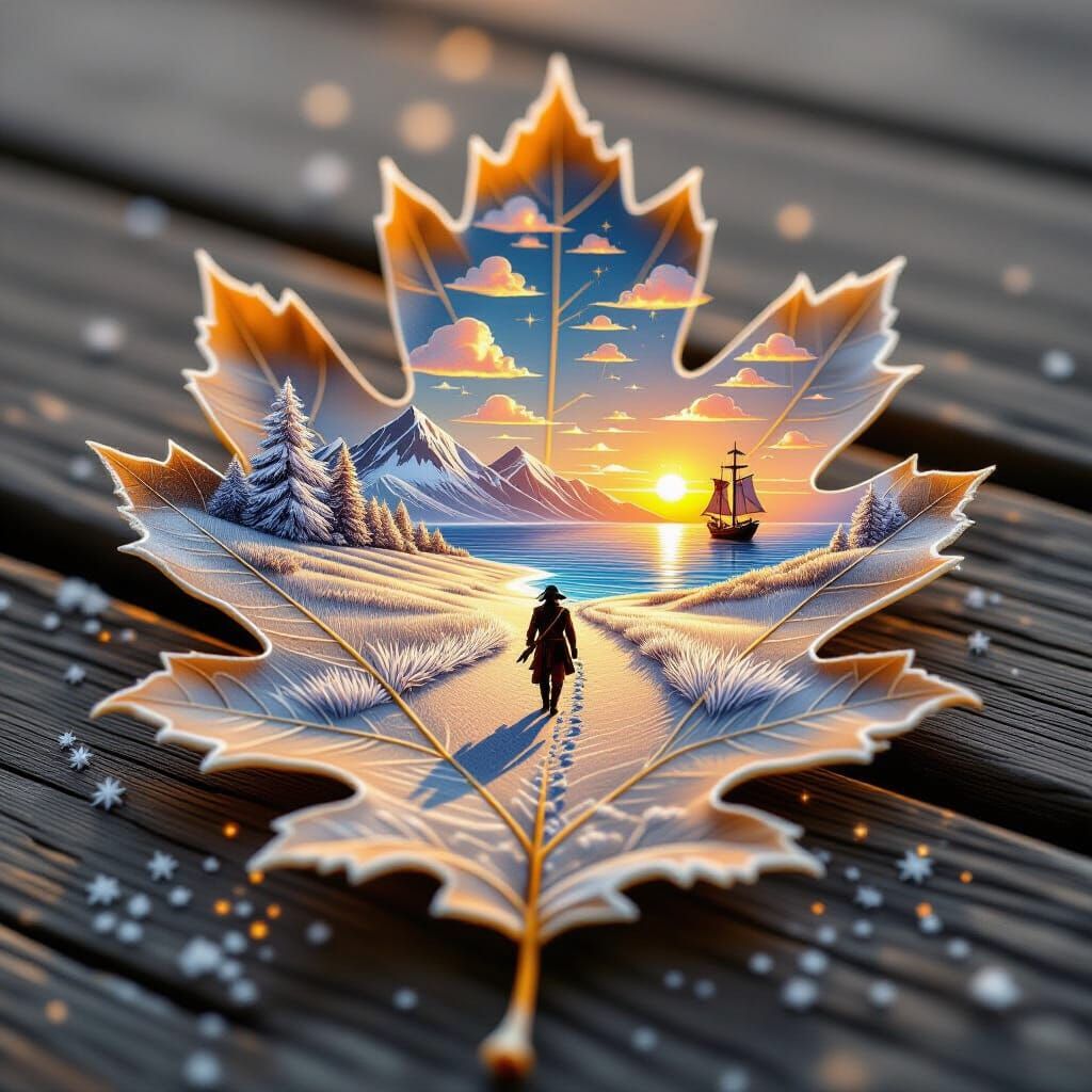 Frost Landscape on Oak Leaf with Pirate Hologram