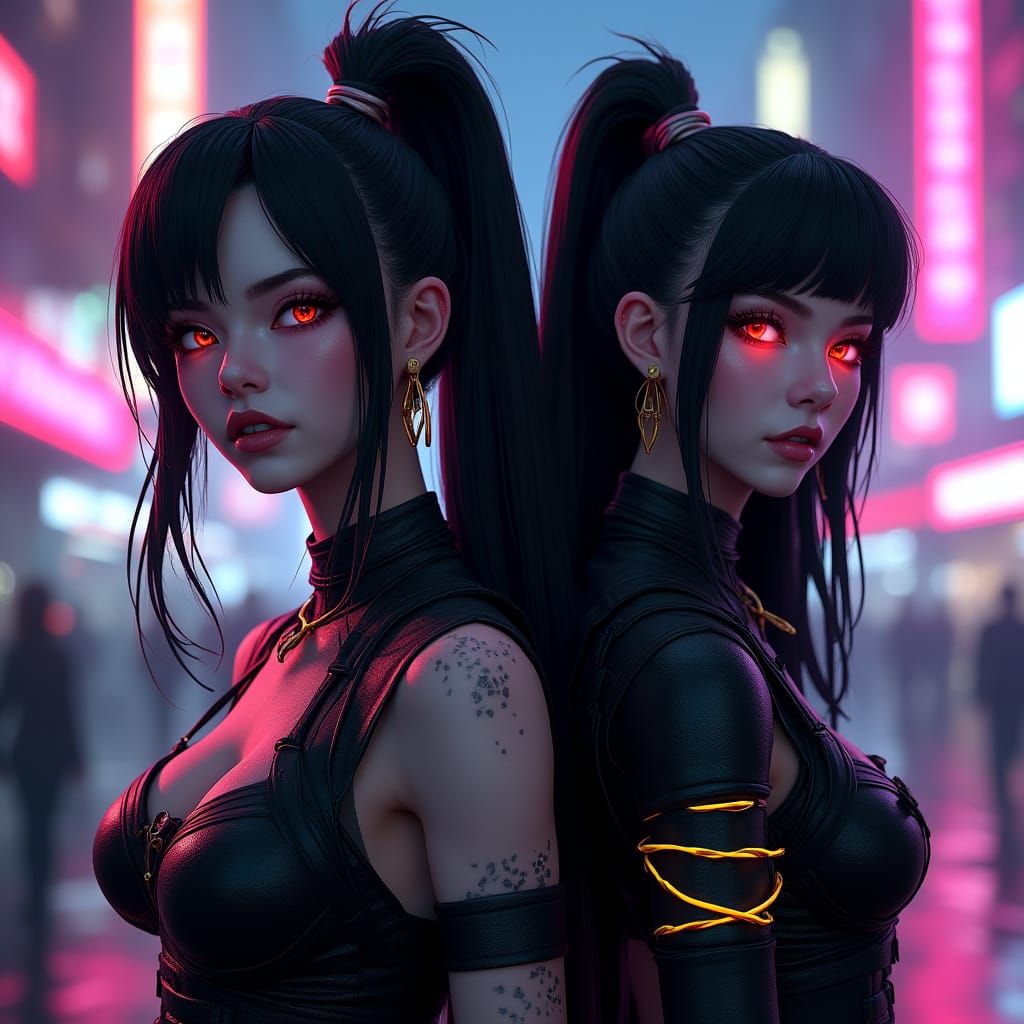 Jasmine and Belle: Cyberpunk Warriors in Neon Cityscape