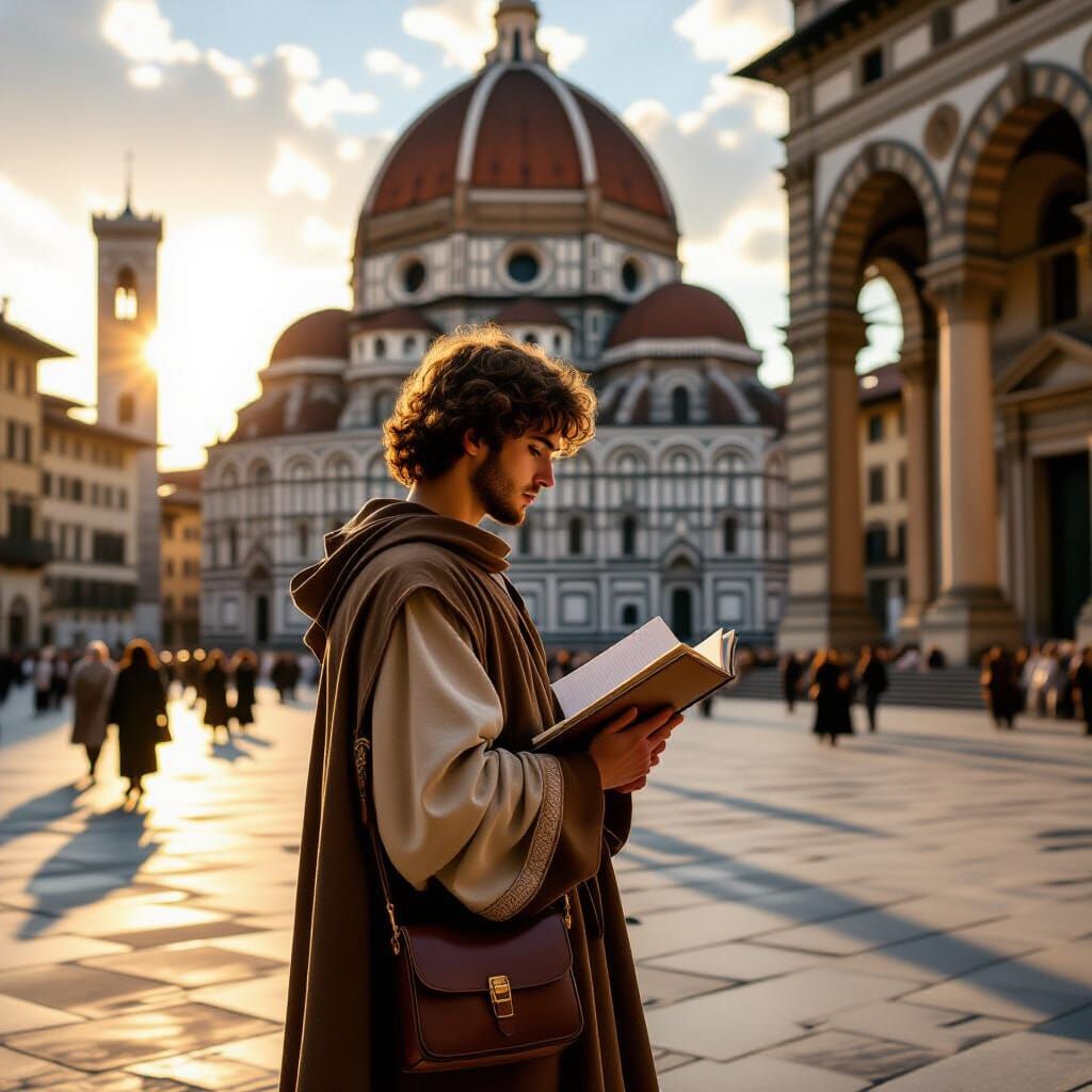 Solitary Ephebe Contemplating Florence Baptistery in Renaiss...