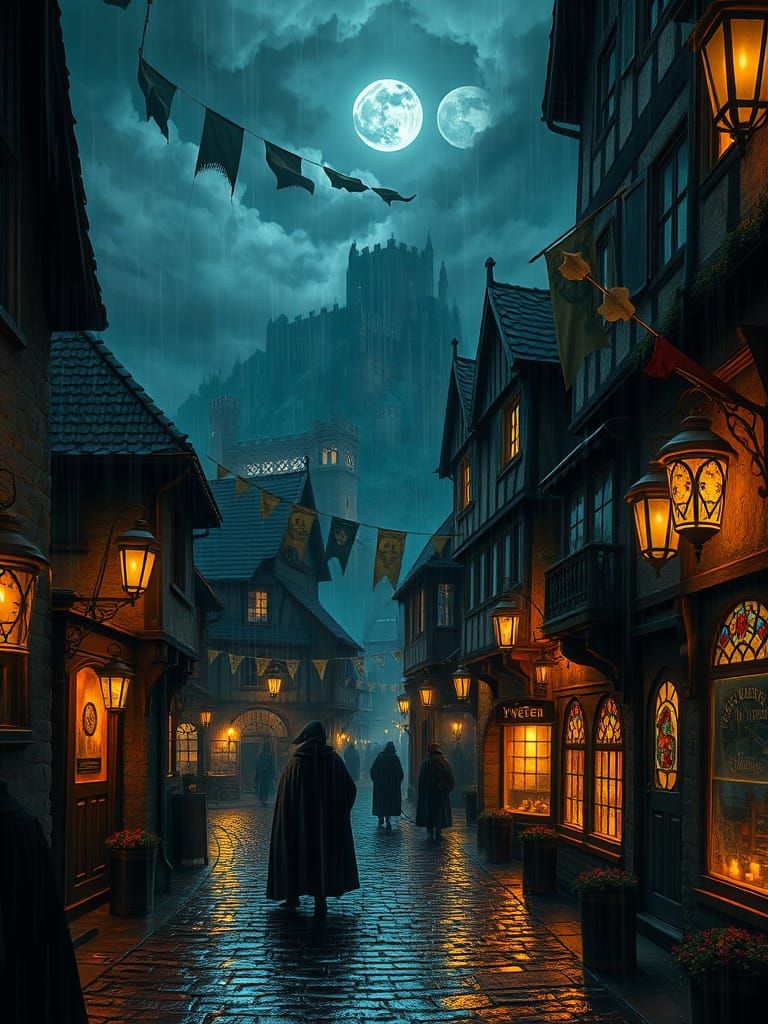 Medieval Rainy Night Town with Mystical Tavern