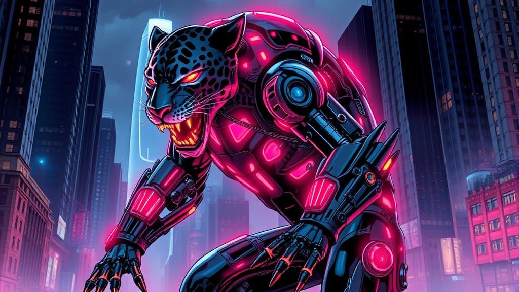 Cyborg Jaguar in Dystopian Cityscape: Comic Book Art