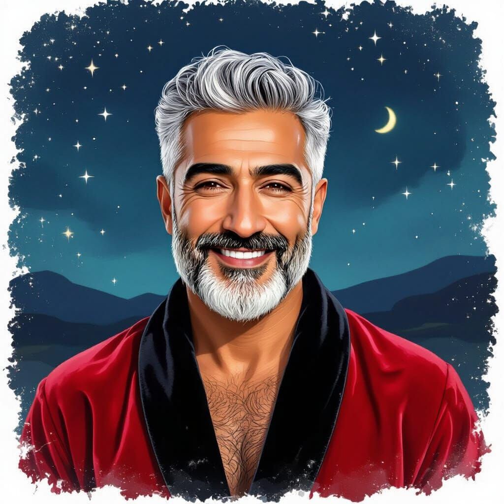Handsome Iranian Man in Velvet Robe at Night