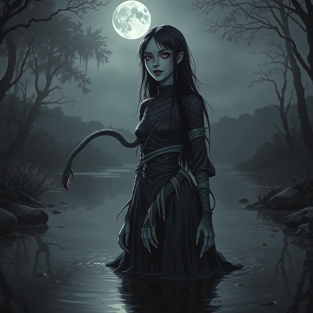 La Llorona Snake-Human Hybrid in Junji Ito Style