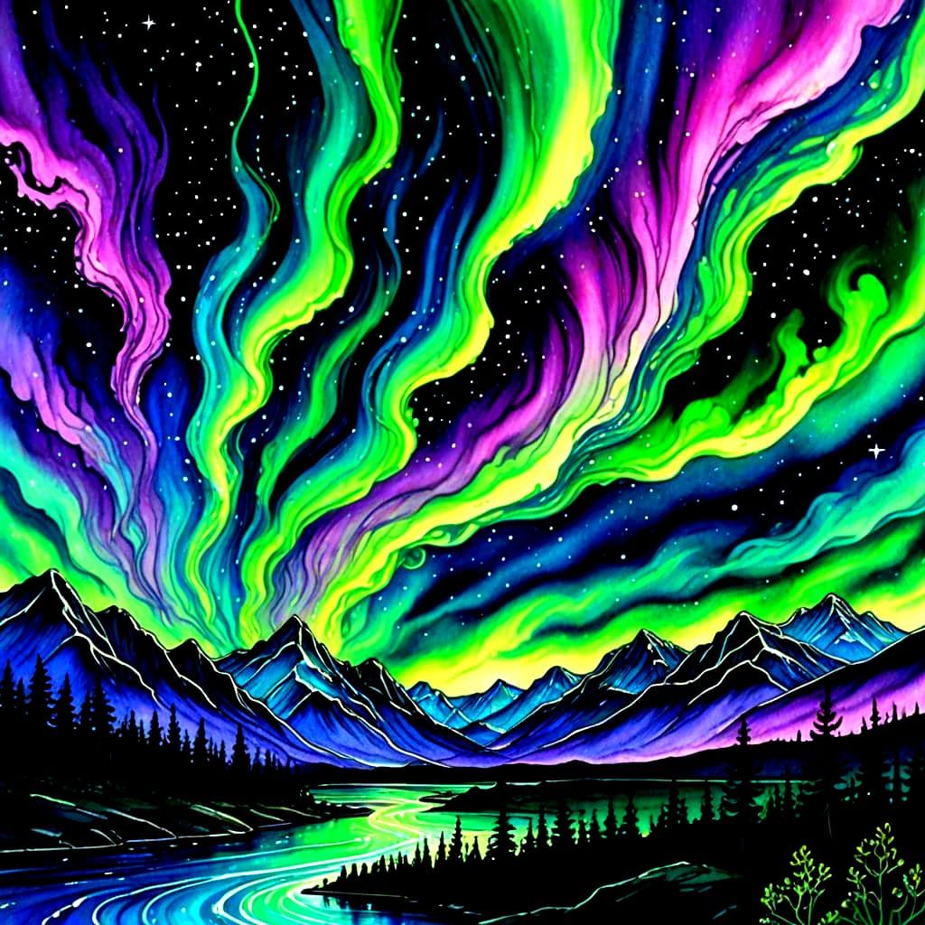 Hyperrealistic Ink Drawing of the Aurora Borealis